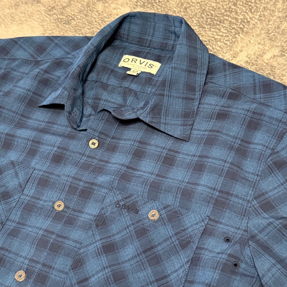 Orvis Mens Classic Collection Plaid Short Sleeve Button Down Shirt M Medium Blue